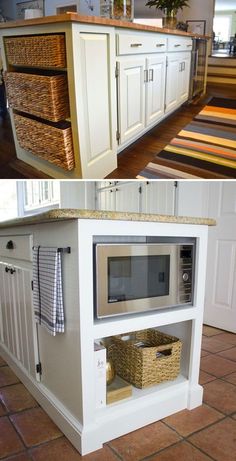 before and after pictures of a kitchen island with baskets on it, then at the bottom