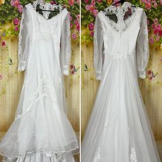 two pictures of the same wedding dress on display