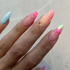 FREE SHIPPING ON ORDERS $9.95+ Buy 3 Get 1 More Free CODE: 4YOU Buy 5 Get 5 More Free CODE: 5FREE Marine Motifs, Flamingo Nails, Mint Green Nails, Fake Nails Long, Ocean Hues, Long Almond, Soft Pastel Colors, Almond Shape Nails, Mermaid Nails