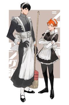 two people dressed in costumes standing next to each other, one is holding a broom