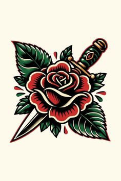 an old school style rose with dagger tattoo design