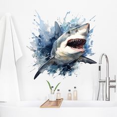 a shark with its mouth open and water splashing on it's side wall decal