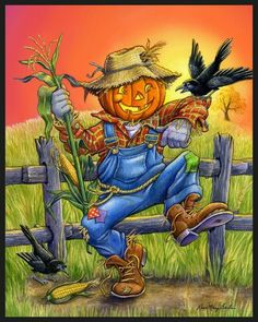 a drawing of a scarecrow holding a pumpkin