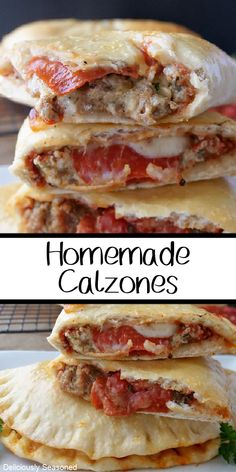 homemade calzones stacked on top of each other with cheese and meat in the middle