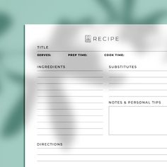 Recipe Page, Recipe Book Template, Printable Recipe Page, A4, Recipe Card, Recipe Journal, Modern Recipe Book Template, Digital Download - Etsy