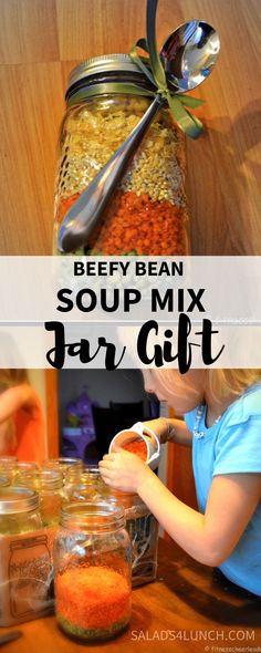 a woman is making soup in jars with spoons and spoons on the table