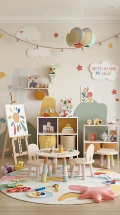 a child's playroom with toys and decor