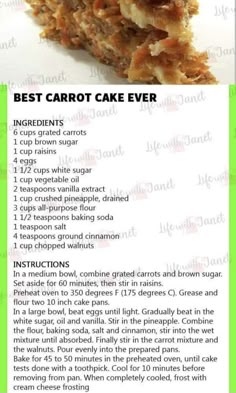 the recipe for carrot cake is shown in green and white text, with instructions to make it