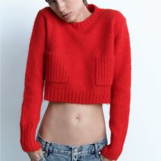 Cropped Sweater With Round Neck And Long Sleeves. Front Patch Pockets. Rib Trim. Wool Blend, Super Soft And Cozy. Color: Red New With Tags! Size Small. Ships The Next Day With Discounted Shipping Thanks For Shopping Sustainably Cozy Red Sweater With Ribbed Cuffs, Red Long Sleeve Cropped Sweater, Casual Red Cropped Long Sleeve Sweater, Red Textured Knit Sweater For Layering, Trendy Textured Knit Red Tops, Casual Red Cropped Sweater For Winter, Trendy Red Long Sleeve Cropped Sweater, Chic Red Winter Sweater, Cozy Red Tops With Ribbed Cuffs