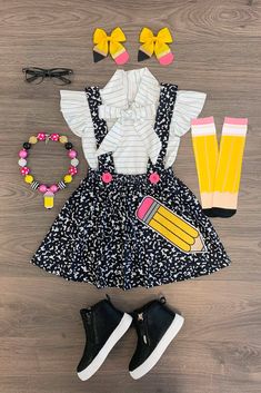 Outfit For School, Tie Neck Shirt, Sparkle In Pink, Color Block Skirt, Toddler Girl Outfit, School Dresses, Suspender Skirt, Composition Notebook, Girls Clothing Sets