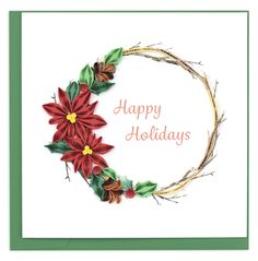 Quilled Holiday card of a wreath with Poinsettia flowers Quilled Christmas Cards, Nutcracker Christmas Card, Card Wreath, Card Quilling, Quilled Christmas, Christmas Quilling, Paper Art Design, Christmas Card Ornaments, Poinsettia Flowers