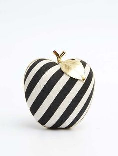 black and white striped apple with gold leaf brooch