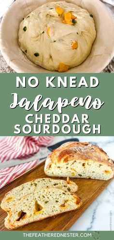 no knead jalapeno cheddar sourdough with text overlay