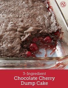 a chocolate cherry dump cake in a pan with a measuring tape on the side that says, 3 ingredient chocolate cherry dump cake