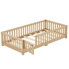 a wooden bed frame with no mattresses on it