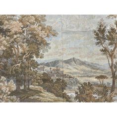 an old tapestry with trees and mountains in the background