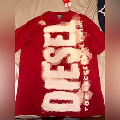 Diesel T Shirt Brand New With Tags Authentic Large Fits Like A Medium Red Crew Neck Tops With Logo Print, Red Long Sleeve T-shirt With Logo Print, Red Cotton Tops With Logo Print, Diesel Shirt, Bape Shirt, Diesel Shirts, Diesel Clothing, Birthday Fit, Diesel T Shirts