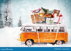 an orange vw bus with presents on top