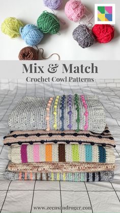 several balls of yarn sitting on top of each other next to the words mix and match crochet cowl patterns