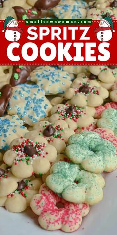 an assortment of spritz cookies on a platter with the title overlay