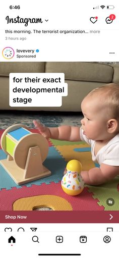 an image of a baby playing with toys on the floor and texting that reads, for their exact developmental stage