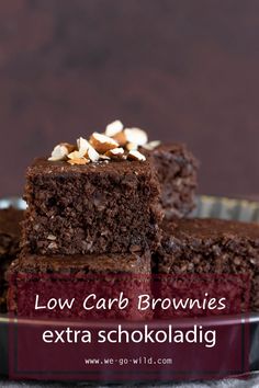 low carb brownies with extra schokoladg on top and the words low carb brownies above it