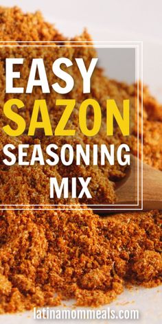 easy sazonni seasoning mix in a white bowl with a wooden spoon on top