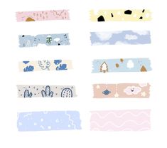 six hand drawn washi tapes in pastel colors with clouds, mountains and trees