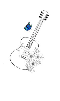 a drawing of a guitar with a blue butterfly on it's neck and flowers in the foreground