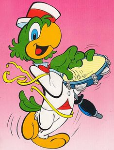 an image of a cartoon character flying through the air with food in his hand and wearing a hat