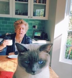 a woman sitting at a table with a cat in front of her and another person standing behind her