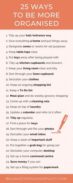 the 25 ways to be more organized with text overlaying it and an orange background