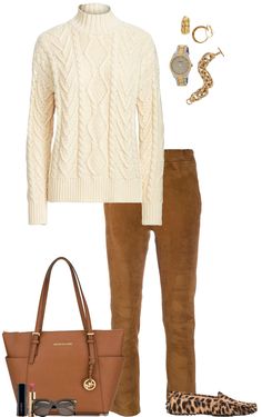 Neutral Fall Outfits Women, Leopard Print Sweater Outfit Work, Fitted Leopard Print Jeans For Fall, Chic Brown Fall Sweater, Leopard Print Cardigan For Fall Layering, Beige Sweater Outfit, High-waisted Leopard Print Fall Pants, Career Outfits, Classic Style Outfits