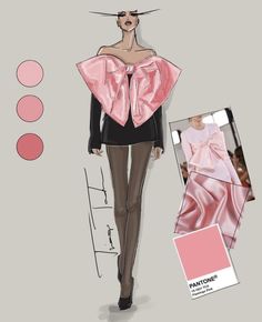 a fashion sketch with pink and black colors on the runway, including an image of a woman