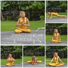 a woman in yellow doing yoga poses with her hands on her hips and legs crossed