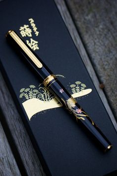 a fountain pen sitting on top of a black notebook with gold trimming and writing