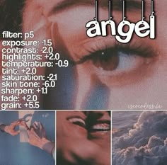 an advertisement for the film angel with pictures of woman's face and clouds in background