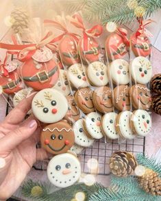 a person is holding up some cookies on a cooling rack with pine cones and christmas decorations in the background