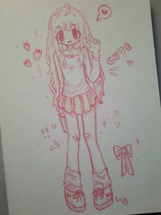 a drawing of a girl with long hair wearing boots and holding a bow in her hand