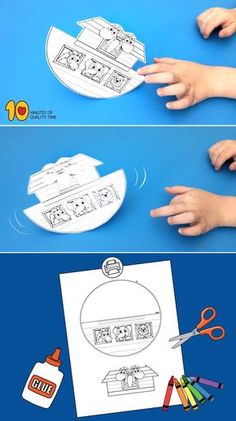 two pictures showing how to make a paper boat with scissors and glue on the bottom