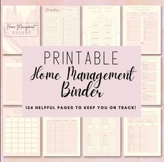 the printable home management binder is shown on top of a pink and white background