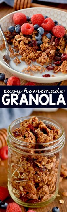 granola in a glass jar with berries and blueberries on the side next to it