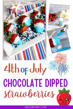 the fourth of july chocolate dipped strawberries with sprinkles and fireworks on them