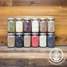 six jars filled with different types of beans and grains in front of a wooden wall