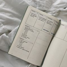 an open notebook sitting on top of a bed