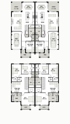 three story house plan with four floors and two car garages in the middle,