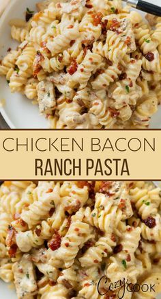 chicken bacon ranch pasta on a white plate with the title above it in black text