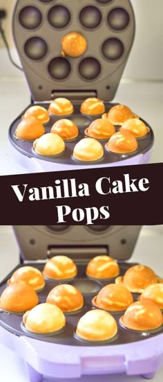 two pans filled with vanilla cake poppers on top of a white countertop