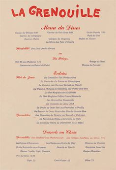 the menu for la grenouille, an italian restaurant with red lettering on it