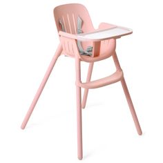 a pink plastic high chair with a white table top and silverware in the seat